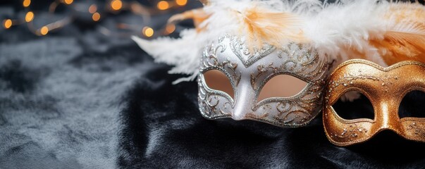 Elegant masks adorned with feathers and sparkles, perfect for a masquerade ball or festive celebration.
