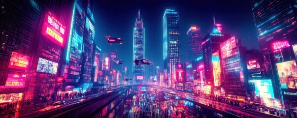 Obraz premium A vibrant, futuristic cityscape at night, illuminated by neon lights reflecting in the water, showcasing advanced technology and design.