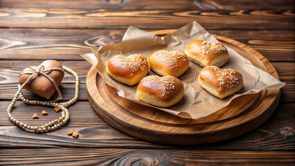 Fototapeta premium Heart shaped buns on a round cutting board wrapped in craft paper with beads, on a wooden table flat lay with copy space