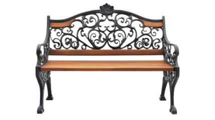 Ornate Black Metal Bench With Wooden Seat.