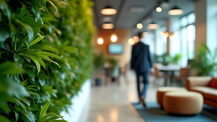 Obraz premium People walking on green office space, motion blur effect, environment concept