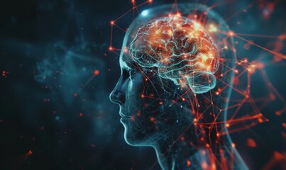 human head with glowing neuron in brain , futuristic and technology concept