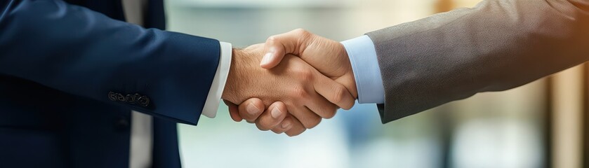 Businessmen shaking hands, a symbol of agreement and partnership.