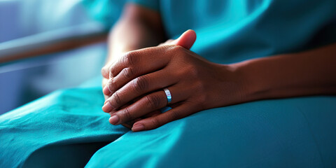 Obraz premium Patient Healer: A person in a medical scrub, hands resting on the bed rail, quietly talking to a patient.