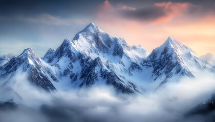 Obraz premium Snow-Capped Mountain Peaks Amidst Misty Clouds in Majestic Alpine Landscape