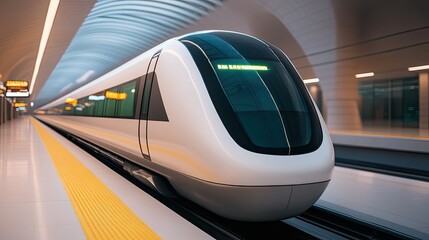 Fototapeta premium Futuristic train at a modern railway station, showcasing sleek design and advanced technology in urban transportation.
