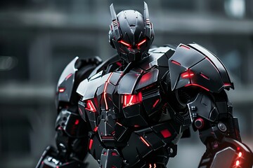 Futuristic robot with red lights is posing in a city