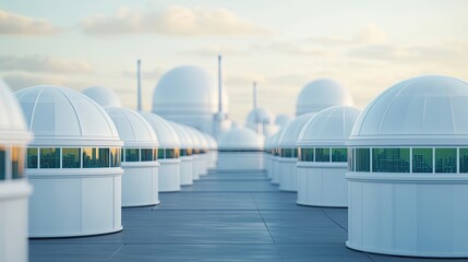 Fototapeta premium Futuristic white domes with glass windows reflecting clouds and blue sky, representing advanced technology and innovation.