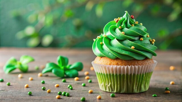 A festive St. Patrick's Day green cupcake with colorful sprinkles and a shamrock decoration, perfect for celebrating the holiday
