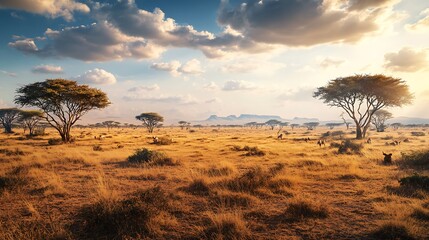 Obraz premium Fading wildlife habitats in a dry savanna, reflecting loss of biodiversity with open background space for copy.