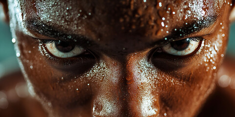 Athlete's Strength: A close-up of a determined athlete's focused face, with sweat dripping down their forehead as they train.