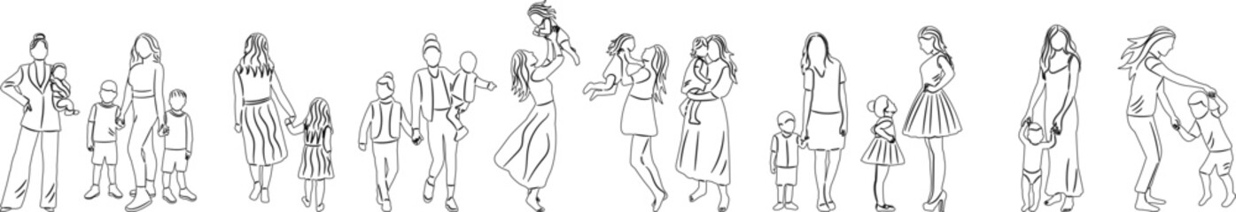 mother and child, women with kids set sketch, vector on white background