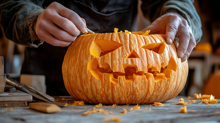 Close-up of an artist carving a Jack-o'-lantern for Halloween decoration