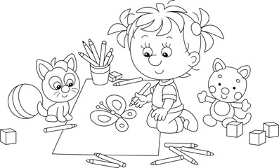 Cute little girl sitting with her small kitten on the floor among funny toys and drawing on a large sheet of paper with pencils a beautiful butterfly, black and white vector cartoon illustration