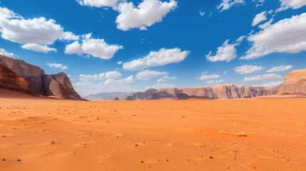 Fototapeta premium A desert landscape with a clear blue sky and clouds. The sky is filled with clouds, and the sun is shining brightly. The landscape is vast and empty, with no signs of life