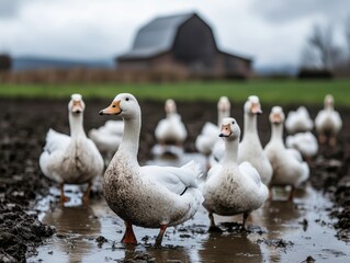Fototapeta premium A group of ducks wading through muddy water in a rural setting, with a barn in the background under a cloudy sky.
