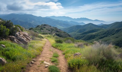 Naklejka premium A scenic hiking trail leading through mountains, inspiring adventure and the beauty of exploring the great outdoors