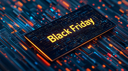 Obraz premium Black Friday sign in glowing gold on cyber themed background, showcasing vibrant colors and digital patterns.