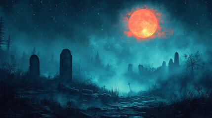 A spooky graveyard under a blood red moon.