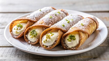 Traditional Italian cannoli siciliani stuffed with creamy ricotta cheese filling on a white plate