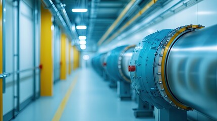 Obraz premium Industrial corridor featuring modern pipes and technology. Bright lighting enhances the efficient design of this workspace.