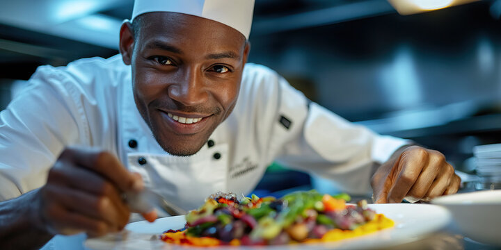 Chef's Creativity: A chef meticulously plates a colorful and inventive dish, their satisfied smile radiating from behind their toque.