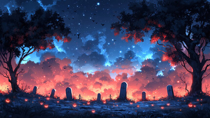 Obraz premium A spooky graveyard with glowing jack-o'-lanterns under a starry night sky.