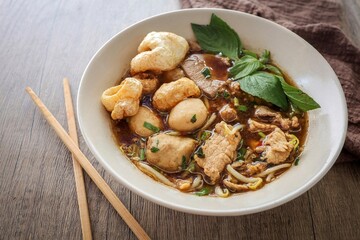 Noodle soup with sliced pork, pig blood, bean sprouts and Thai morning glory., thai called Kway Tiew Moo Nam Tok