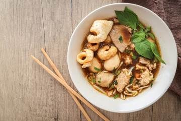 Noodle soup with sliced pork, pig blood, bean sprouts and Thai morning glory., thai called Kway Tiew Moo Nam Tok