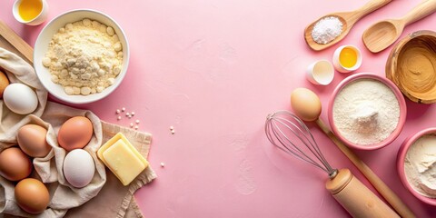 Flat lay baking background with ingredients such as flour, eggs, butter, and sugar on pink backdrop, perfect for baking cakes or donuts