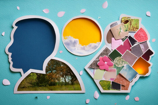 separacion, disociacion, diversidad, aislamiento, imaginacion, estados de animo con cabezas que representan sentimientos y salud mental