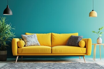 A vibrant yellow sofa paired with a teal wall in a modern Scandinavian living room.
