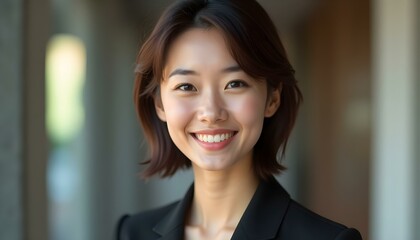 Fototapeta premium A young asian woman with short dark hair wearing a black blazer, smiling at the camera