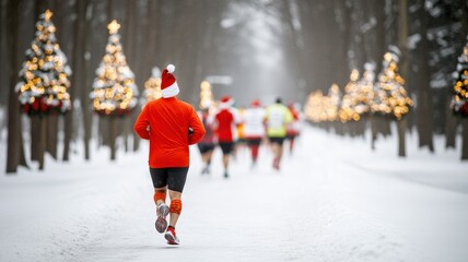 A festive winter running scene featuring joggers in Santa hats along a snow-covered path adorned with Christmas trees.