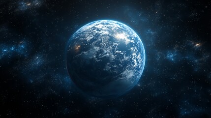 A planet in the vast expanse of space with twinkling stars and a galaxy in the background.