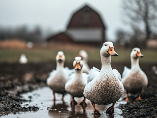 Fototapeta premium A charming group of ducks waddling through a muddy field, with a rustic barn in the background, creating a serene farm scene.