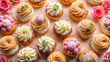 Assorted fresh cream puff cakes on a rose background top view