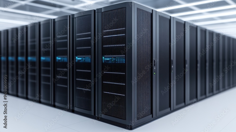 Poster modern data center with rows of sleek servers, showcasing advanced technology and efficient design f