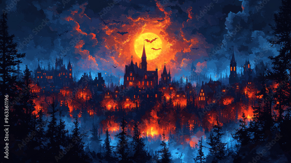 Wall mural Spooky gothic town with a glowing full moon.