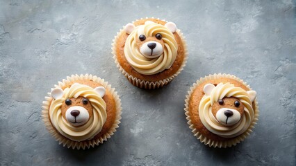 Top view of adorable bear-shaped cupcakes isolated on grey background