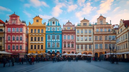 Obraz premium Vibrant Old Town Square in Prague with Colorful Buildings and Bustling Crowd