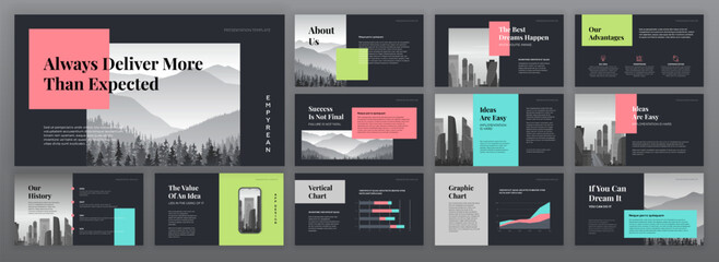 Creative Powerpoint presentation templates set. Modern Keynote presentation background, brochure cover design, website slider, brand guidelines, proposal, pitch deck, annual report, company profile.