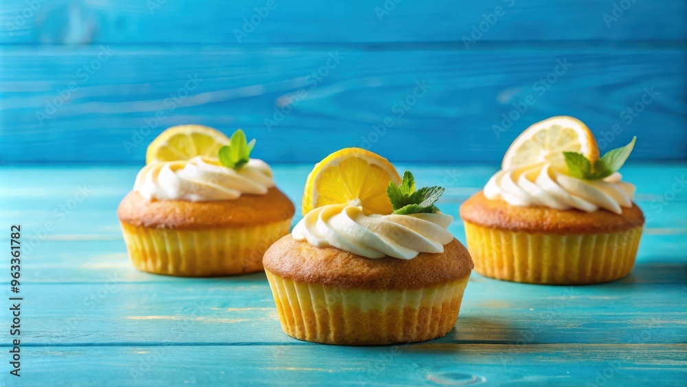 Wall mural three freshly baked lemon cakes on a vibrant blue background with ample copy space