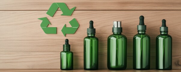 A collection of green glass bottles arranged with a recycling symbol on a wood background, representing sustainability and eco-friendliness.