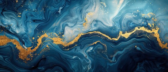 Obraz premium A stunning abstract image featuring rich blue tones interspersed with shimmering gold accents, perfect for modern decor.
