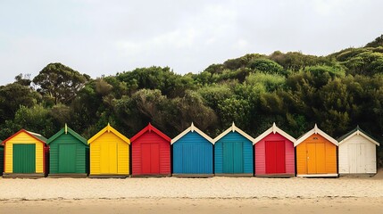 Vibrant Beachfront: Colorful Beach Huts on the Sandy Shore of Brighton Beach, Australia