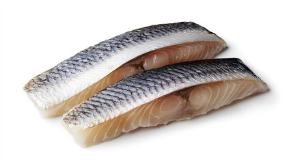 A fillet of raw herring on a white background