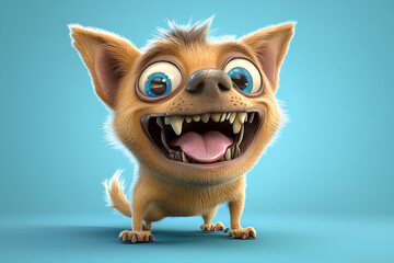 A cartoon dog with big eyes and a wide open mouth, grinning and looking directly at the viewer against a blue background.