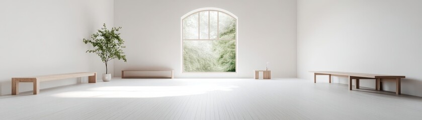 Fototapeta premium Minimalist spacious room with natural light, featuring wooden benches and a large window overlooking greenery.
