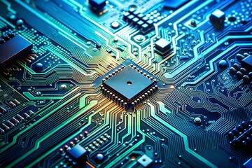 Fototapeta premium Dynamic close-up of modern blue and green printed circuit board microchip in focus